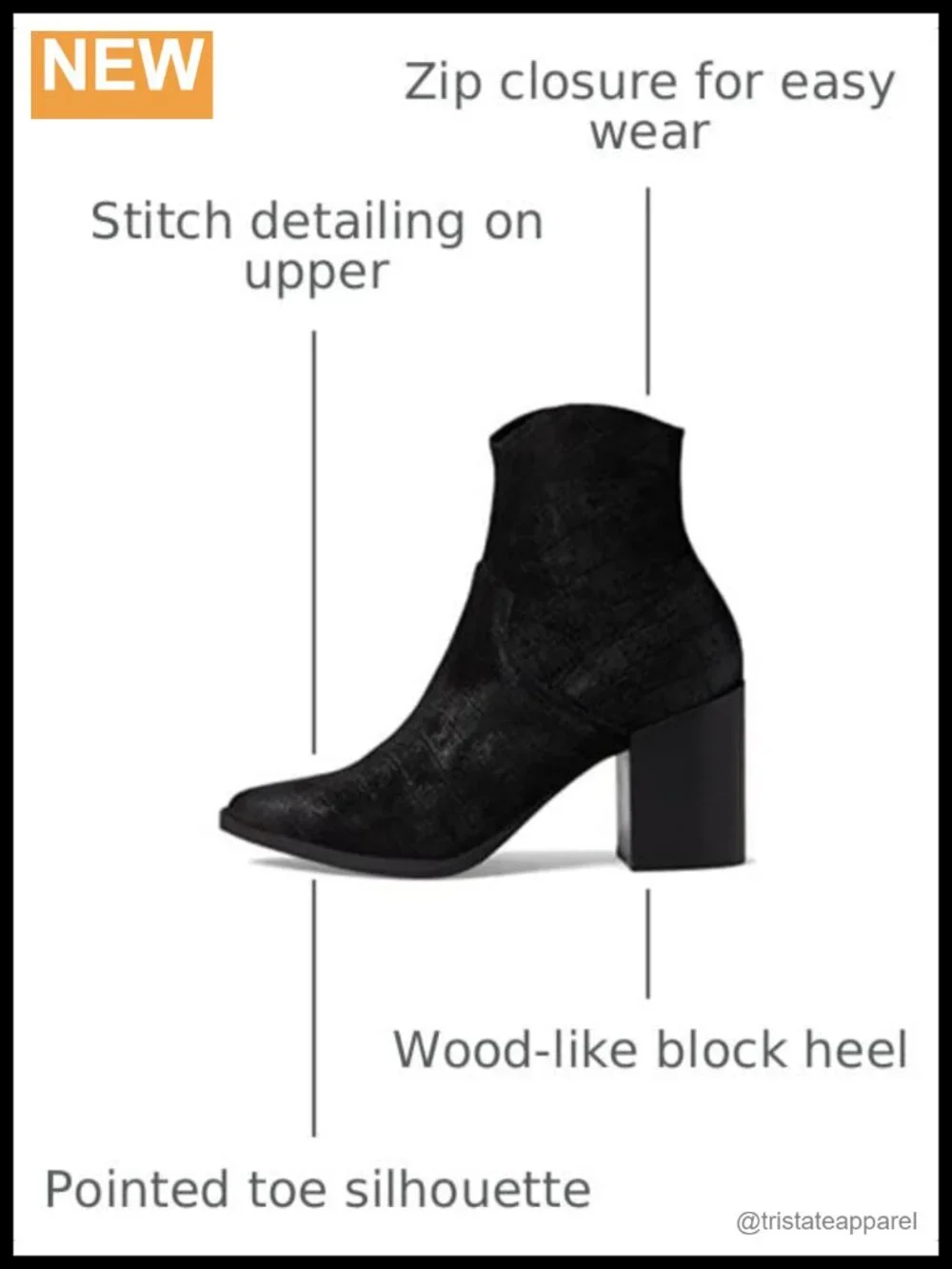 Steve Madden Cate Ankle Bootie Wood-Like Block Heel Pointed Toe Zip
